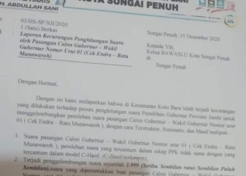 Suara CE-Ratu di Sungai Penuh Diduga Digelembungkan, Tim Haris Sani Lapor ke Bawaslu