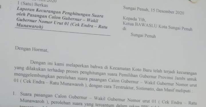 Suara CE-Ratu di Sungai Penuh Diduga Digelembungkan, Tim Haris Sani Lapor ke Bawaslu