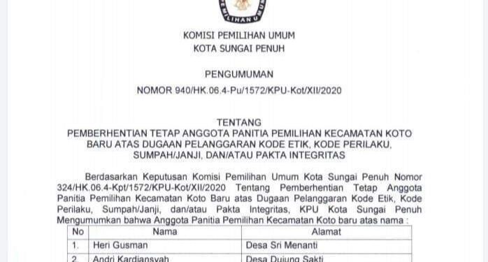 Kasus Penggelembungan Suara di Sungai Penuh, 5 PPK Koto Baru Diberhentikan