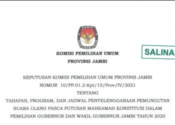 KPU Tetapkan PSU Pilgub Jambi 27 Mei 2021