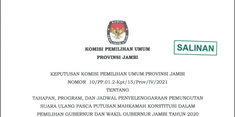 KPU Tetapkan PSU Pilgub Jambi 27 Mei 2021