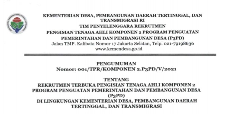Buruan Sebelum Tutup, Kemendes Buka Lowongan Ini Formasi dan Syaratnya