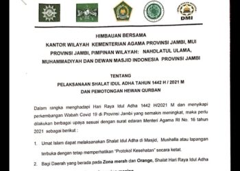 Zona Merah-Oren Covid-19 di Jambi, Dihimbau Sholat Idul Adha di Rumah Masing-masing