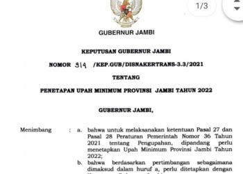 Upah Minimum Provinsi Jambi Tahun 2022 Naik 0,72 Persen